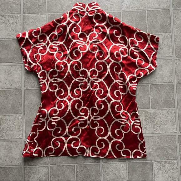 Anne Klein red silk blouse white swirl pattern sinched waist y2k women’s 4 - Picture 7 of 8